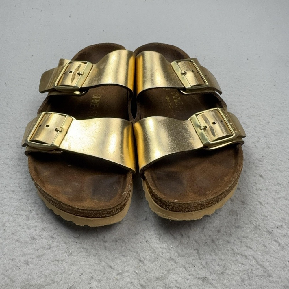 Birkenstock Arizona Shoes Womens Size 6 Gold Slide Sandals Cork Footbed Comfort - Picture 2 of 16